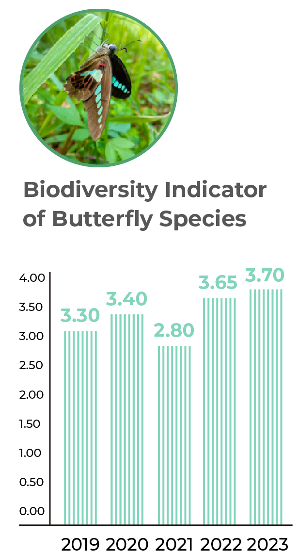 2019 biodiversity indicator of butterfly species in Taiwan mines is 3.30. 2020 biodiversity indicator of butterfly species in Taiwan mines is 3.40. 2021 biodiversity indicator of butterfly species in Taiwan mines is 2.80. 2022 biodiversity indicator of butterfly species in Taiwan mines is 3.65. 2023 biodiversity indicator of butterfly species in Taiwan mines is 3.70