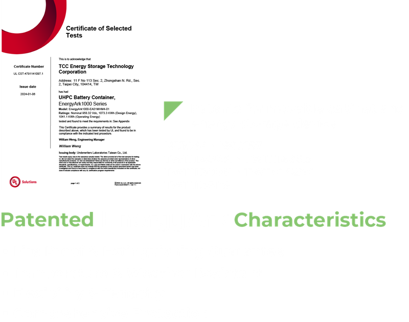 Patents for movable cabinet and energy storage device:I813064、I800157、TW111145031、TW111142615、TW111130061、TW110142301、TW111138119. EnergyArk Characteristics:Fire Proof & Extinguishing Guarantee, Temperature & Weather Resistance, Flexibility & Tenacity, Comprehensive Protection