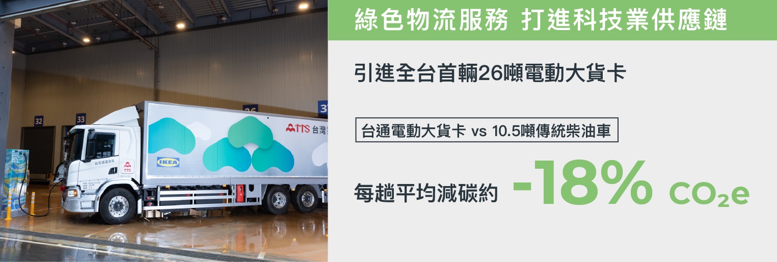 引進全台灣首輛26噸電動大貨卡；台通大貨卡較10.5噸傳統柴油車每趟平均減碳18% CO2e